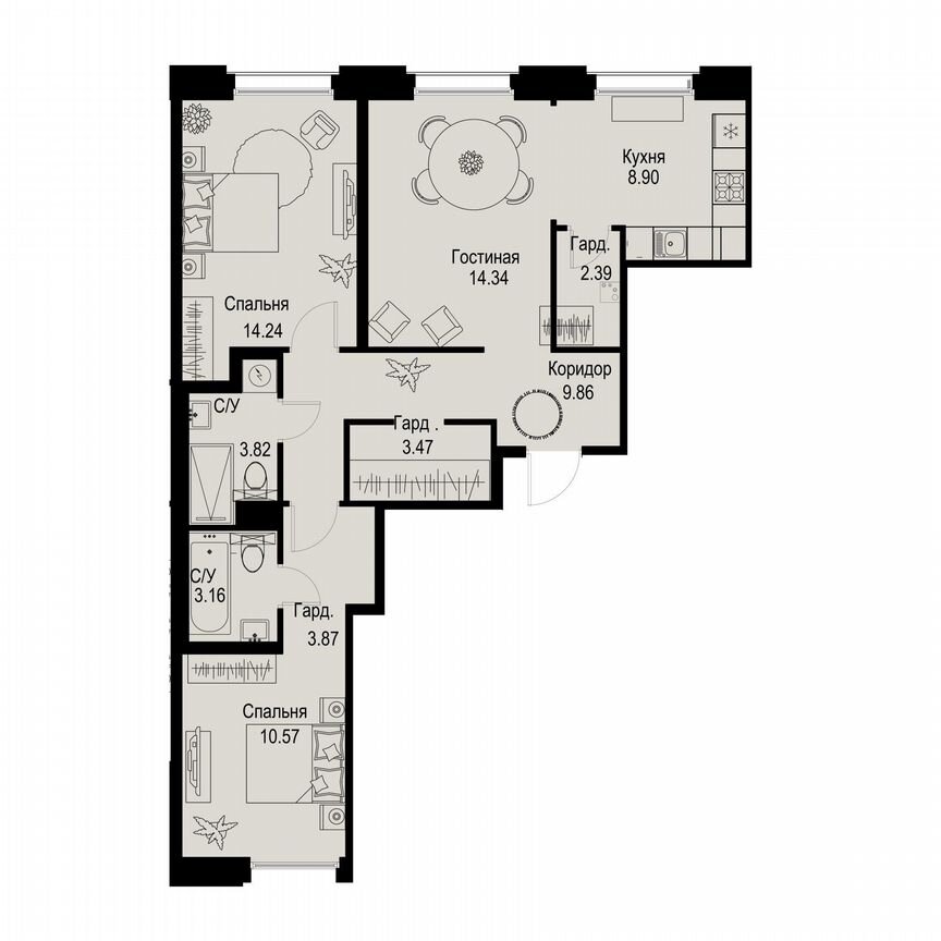 3-к. квартира, 74,6 м², 2/6 эт.