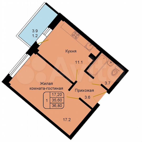 1-к. квартира, 36,8 м², 2/9 эт.