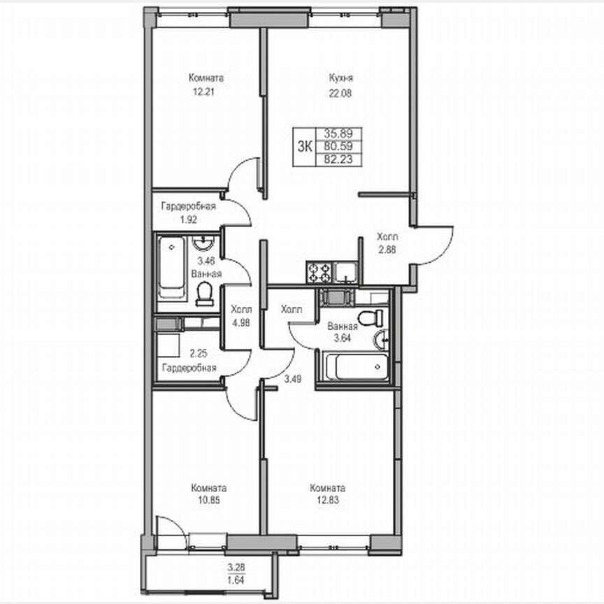 3-к. квартира, 82,2 м², 19/23 эт.