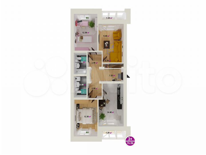 3-к. квартира, 76,1 м², 1/7 эт.