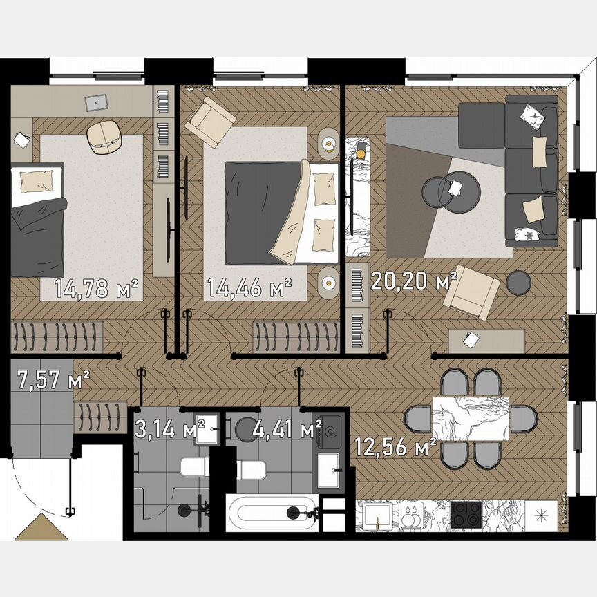 3-к. апартаменты, 79 м², 20/23 эт.