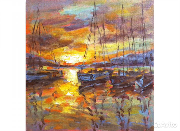 Картина маслом морской пейзаж, закат, яхты 20х20