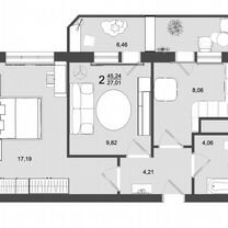 2-к. квартира, 45,2 м², 6/9 эт.