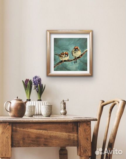 Картина маслом с птицами.Воробушки.20х20 см