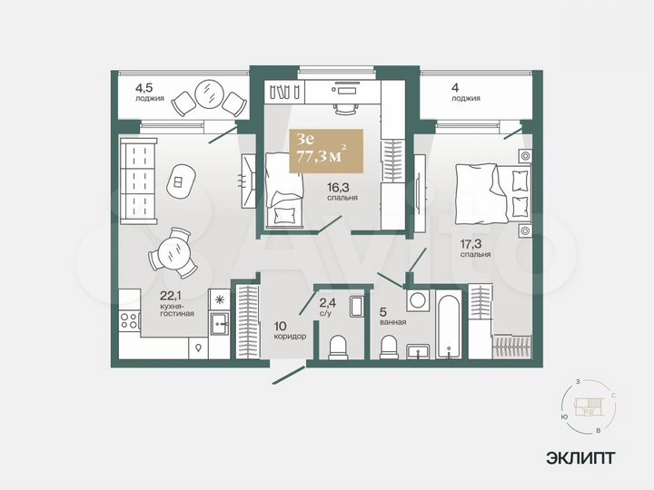 2-к. квартира, 77,3 м², 1/4 эт.