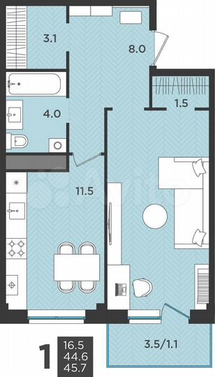 1-к. квартира, 45,7 м², 3/3 эт.