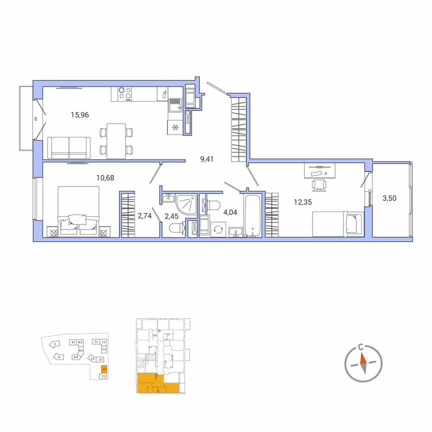 2-к. квартира, 59,4 м², 6/10 эт.