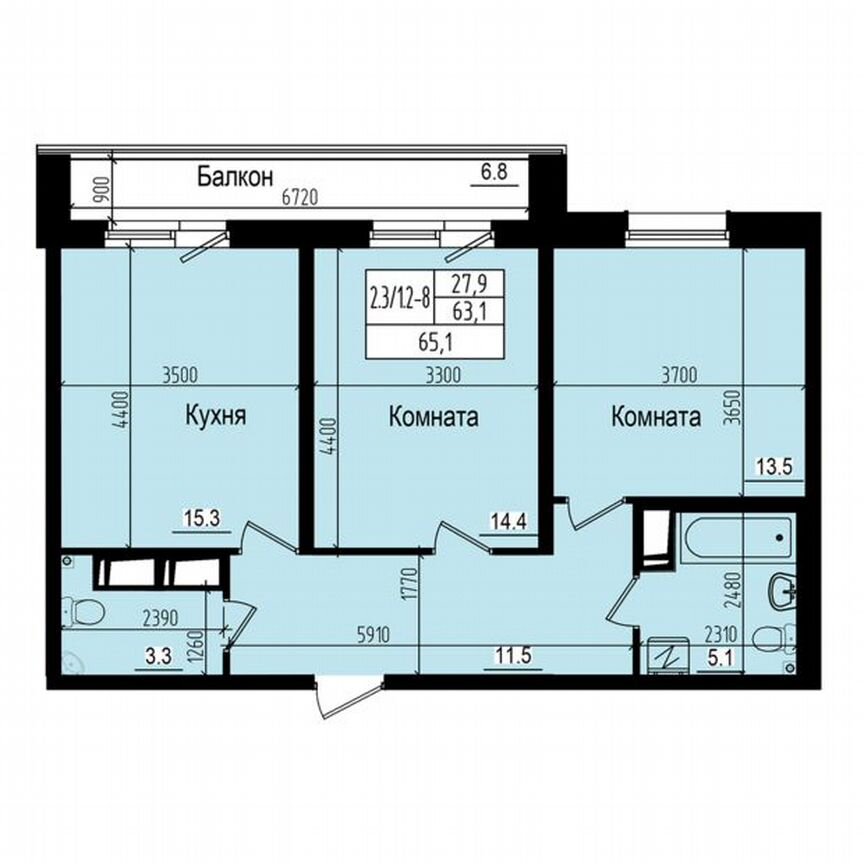 2-к. квартира, 65,1 м², 5/23 эт.