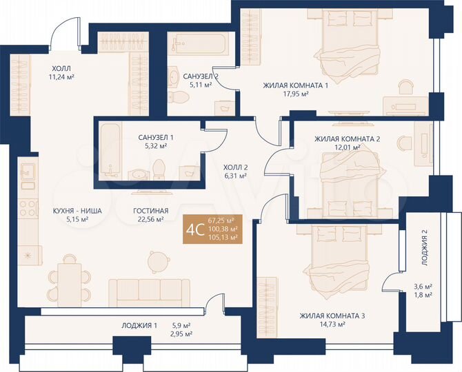 4-к. квартира, 102,2 м², 7/14 эт.