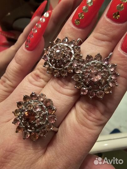 Комплект с розовым турмалином. Серебро