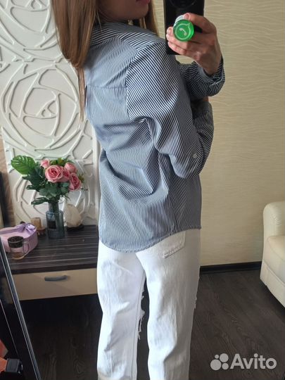 Рубашка полосатая синяя женская с цветами 42 S