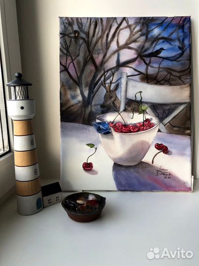 Акварельная картина Таинственнвй сад 30*40 вишни