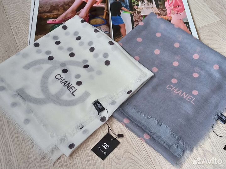 Платок Батист Chanel лёгкий серый в горох розовый