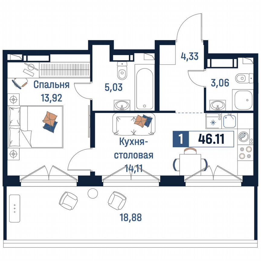 1-к. квартира, 46,1 м², 18/18 эт.