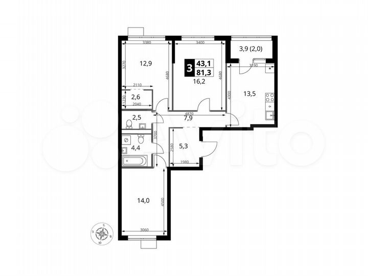 3-к. квартира, 81,3 м², 2/9 эт.