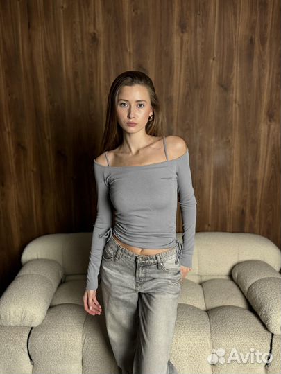 Лонгслив двойка с длинными рукавами и топом серый (S)