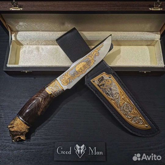 Нож Медведь-4, гравюра, золото. Златоуст