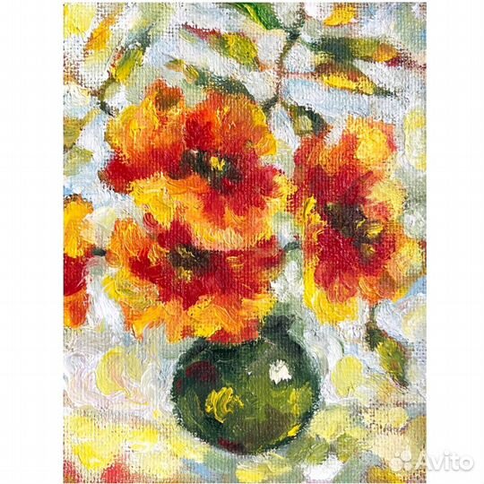 Картина маслом с цветами в вазе маки букет