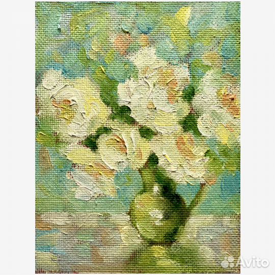 Картина маслом Розы в вазе, 15/20 см
