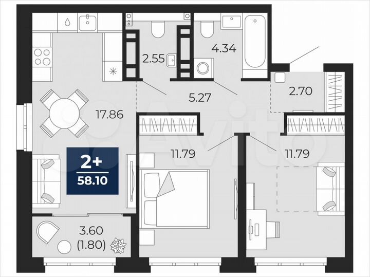 2-к. квартира, 58,1 м², 5/22 эт.