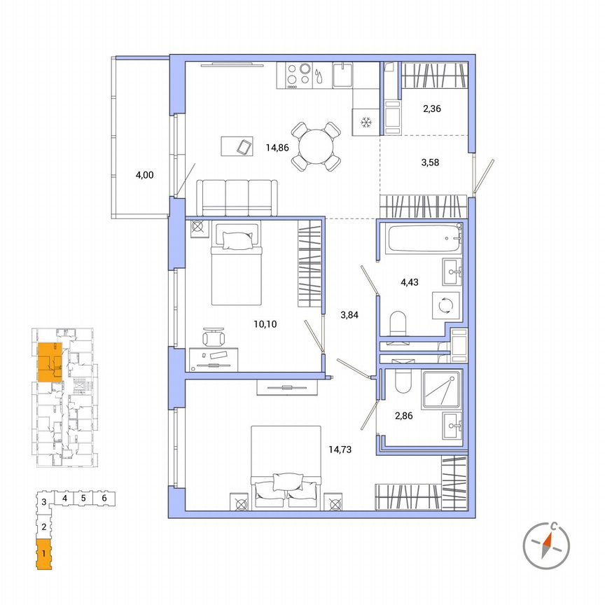 2-к. квартира, 58 м², 6/7 эт.