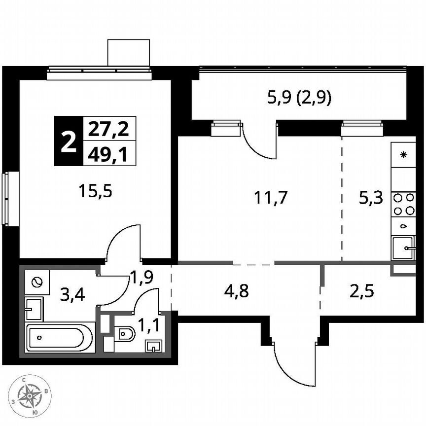 1-к. квартира, 49,1 м², 3/8 эт.