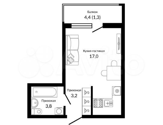 Квартира-студия, 25,3 м², 15/16 эт.