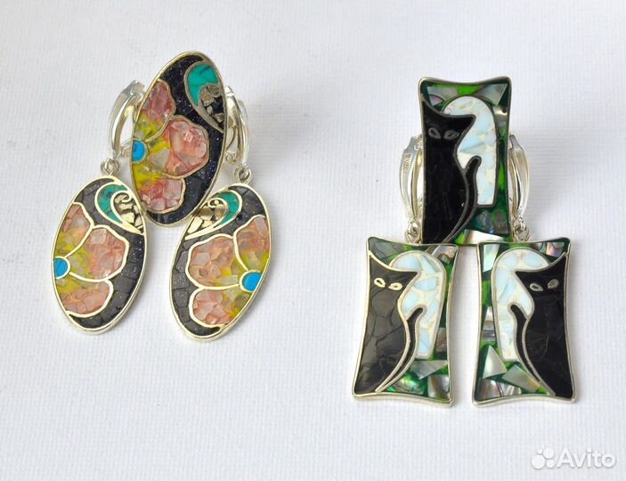 Серьги кольцо с котиками, эмаль, инкрустация