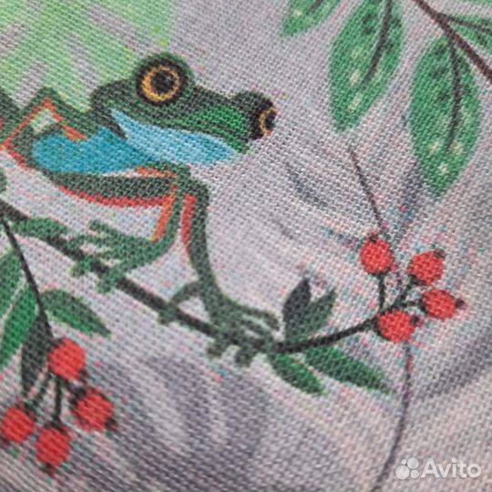 Ткань серый лен принт рисунок лягушки