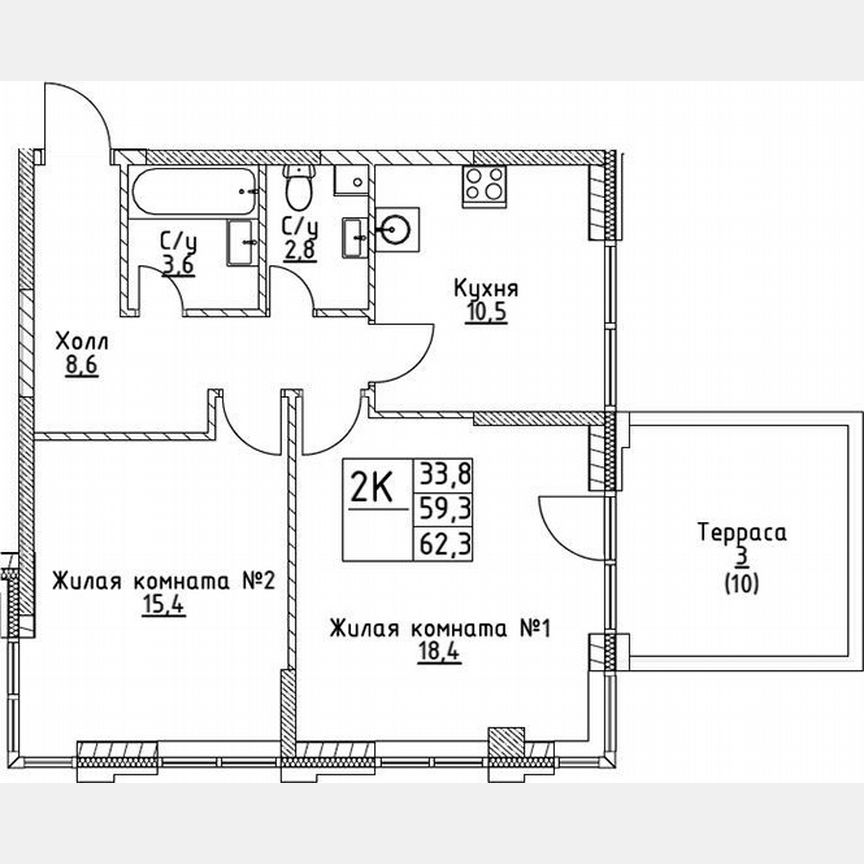 2-к. квартира, 59,3 м², 2/19 эт.