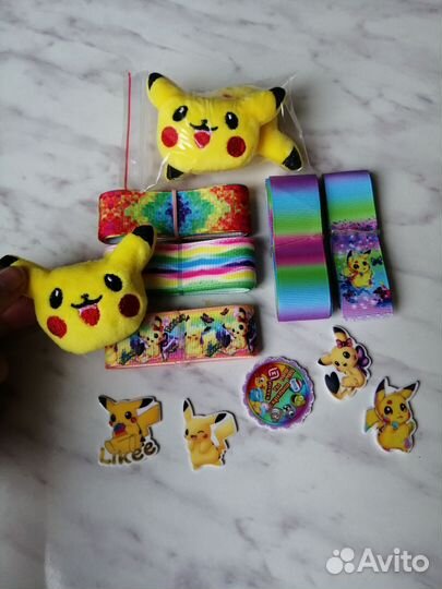 Репсовые ленты, кабашоны Пикачу