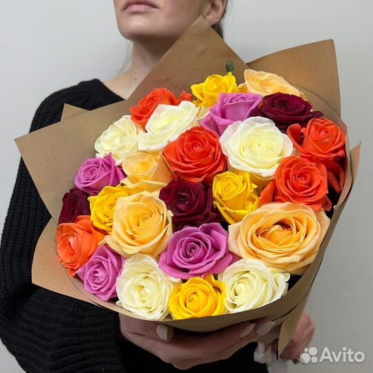 Букет разноцветных роз, Эквадор, 40см 37 шт