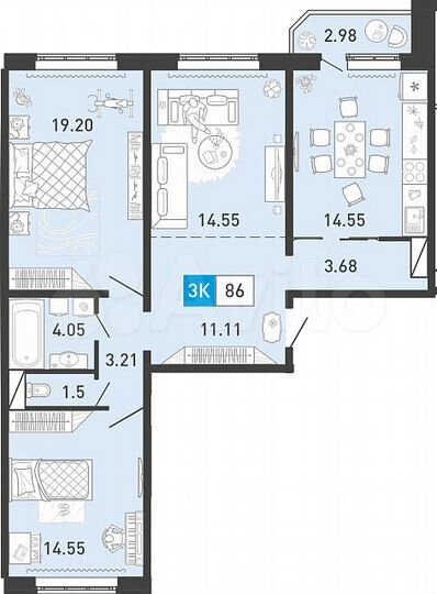 3-к. квартира, 86 м², 11/15 эт.