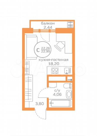 Квартира-студия, 22,3 м², 6/9 эт.