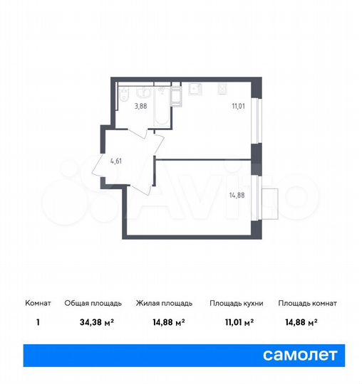 1-к. квартира, 34,4 м², 6/12 эт.