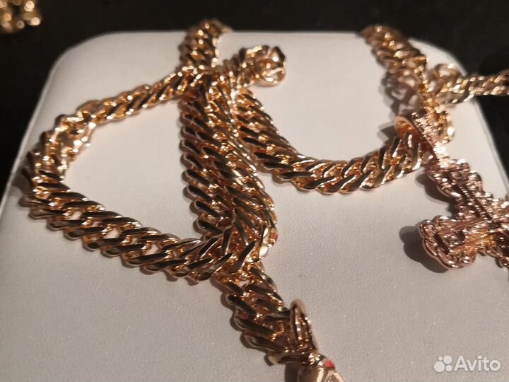 Золотая цепь двойной ромб 9 мм+крест+браслет