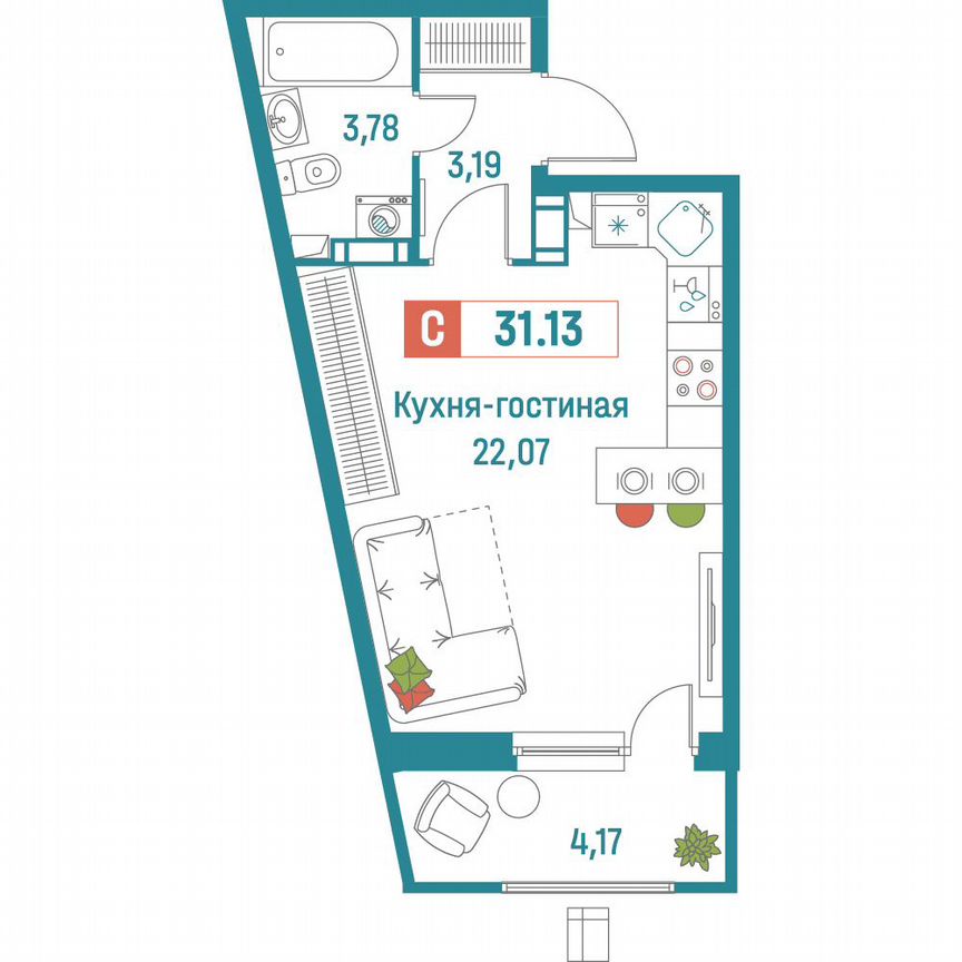 Квартира-студия, 31,1 м², 6/18 эт.