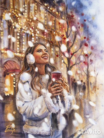 Картина акварелью с девушкой зимняя Москва