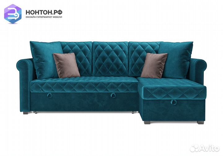 Угловой диван дельфин Берлин вельвет сине-зеленый