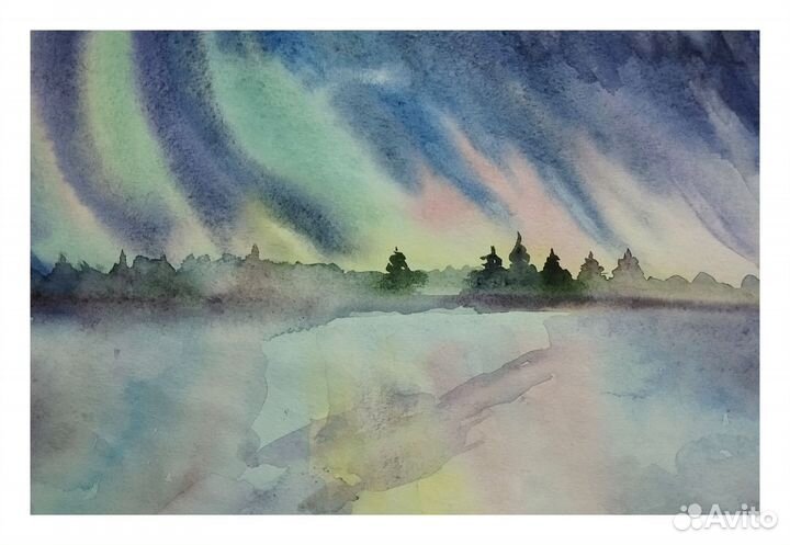 Североное сияние, картина акварель пейзаж