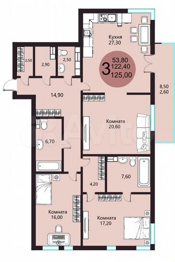 3-к. квартира, 125 м², 7/8 эт.