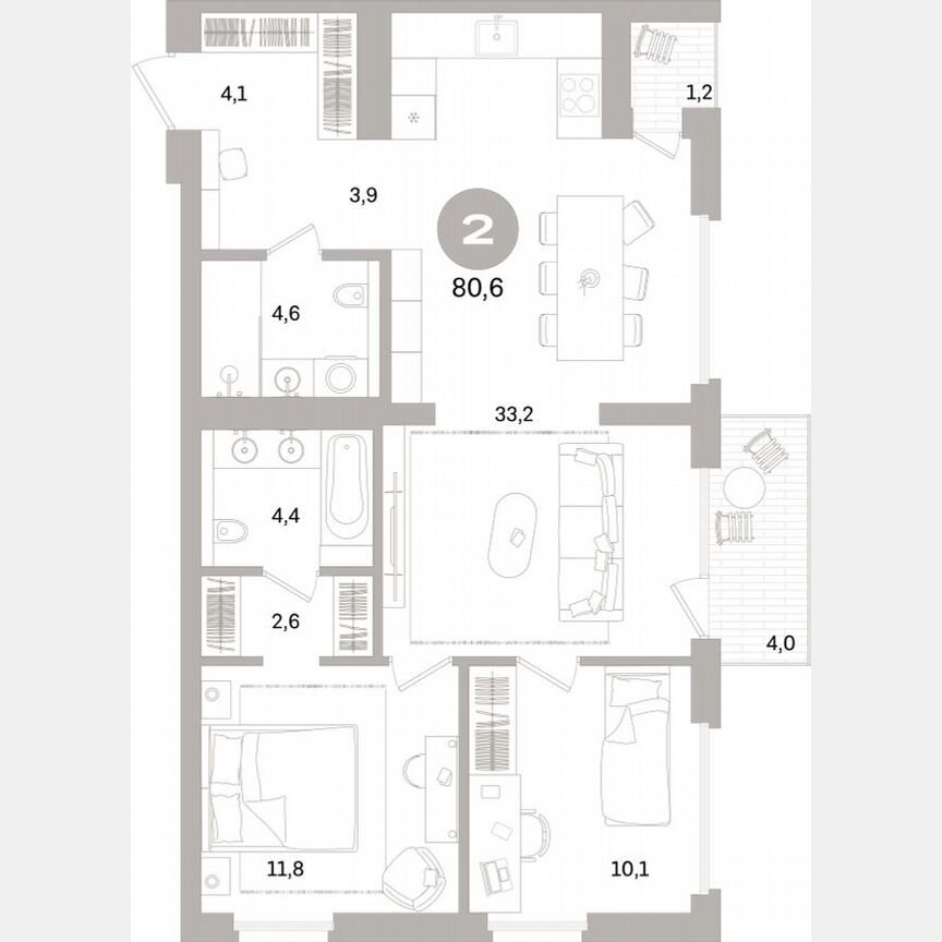 2-к. квартира, 79,7 м², 3/15 эт.