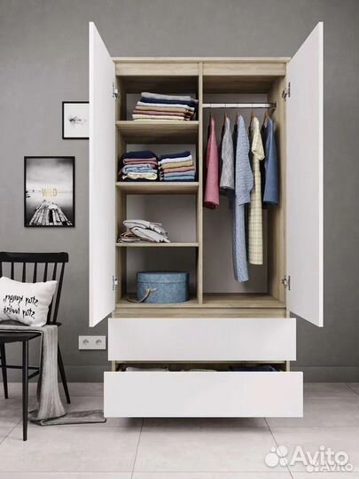 Шкаф Мори 904 мм, мш900.1, 2двери, 2 ящика, белый