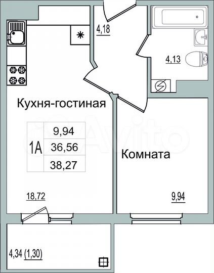 1-к. квартира, 38,3 м², 4/9 эт.