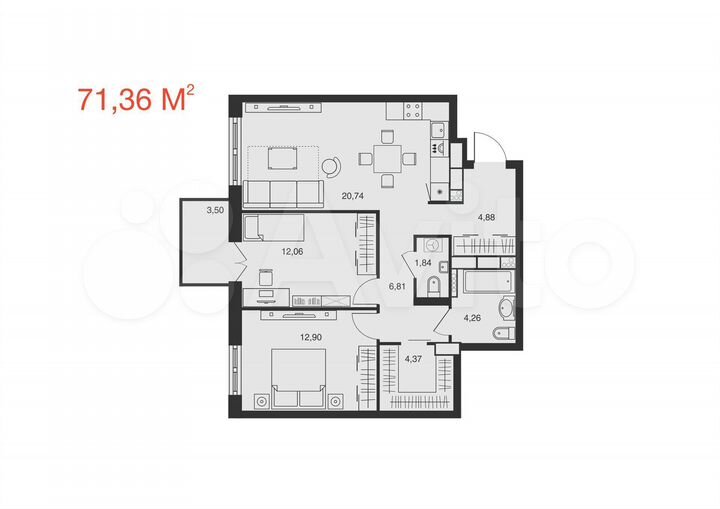 2-к. квартира, 71,4 м², 13/25 эт.