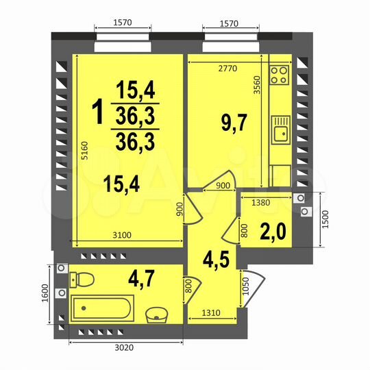 1-к. квартира, 36,3 м², 1/5 эт.