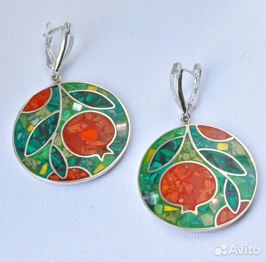 Серьги и кольцо. Эмаль, бирюза, коралл, серафинит