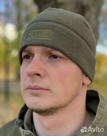 Шапка флисовая зеленая военная теплая двухслойная