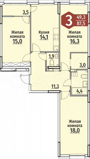 3-к. квартира, 87,5 м², 7/18 эт.