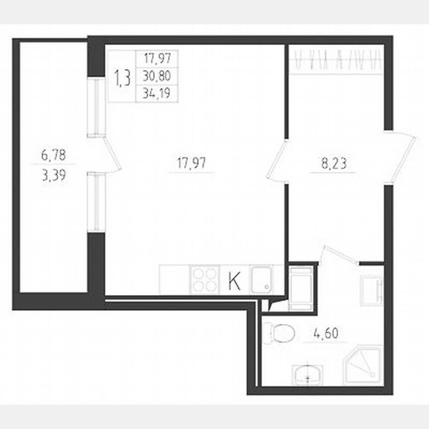 Квартира-студия, 34,2 м², 4/8 эт.